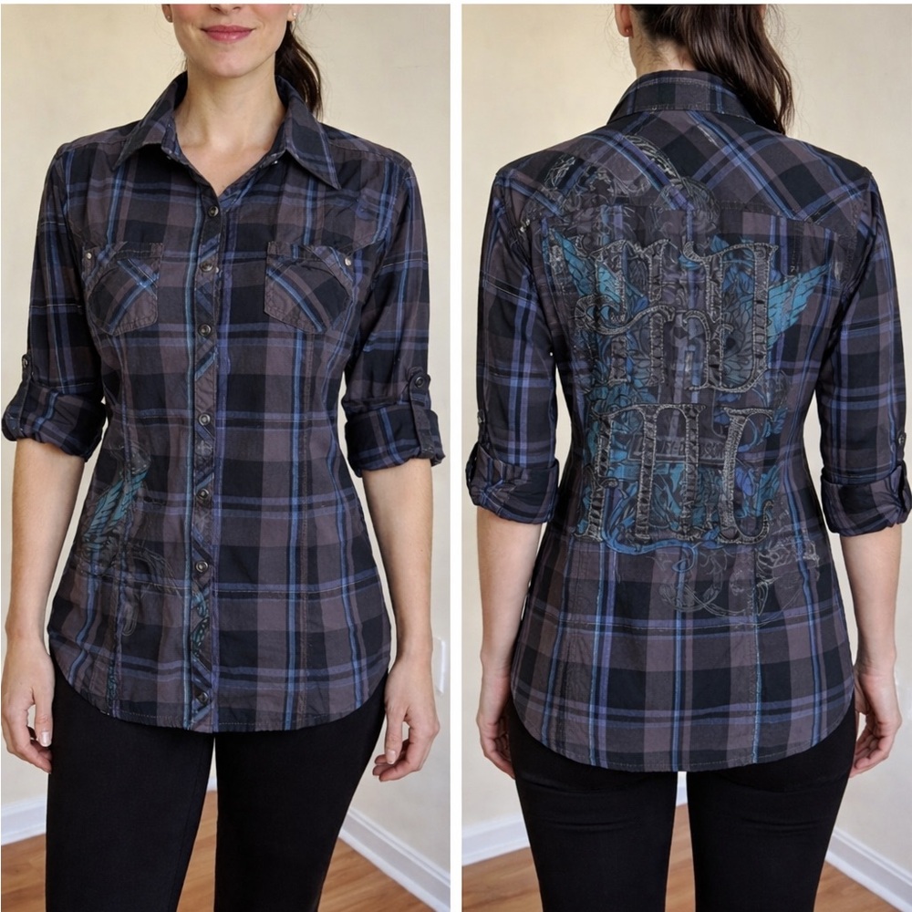 HARLEY DAVIDSON Plaid Pearl Snap Shirt Medium HD MC Embroidered Women